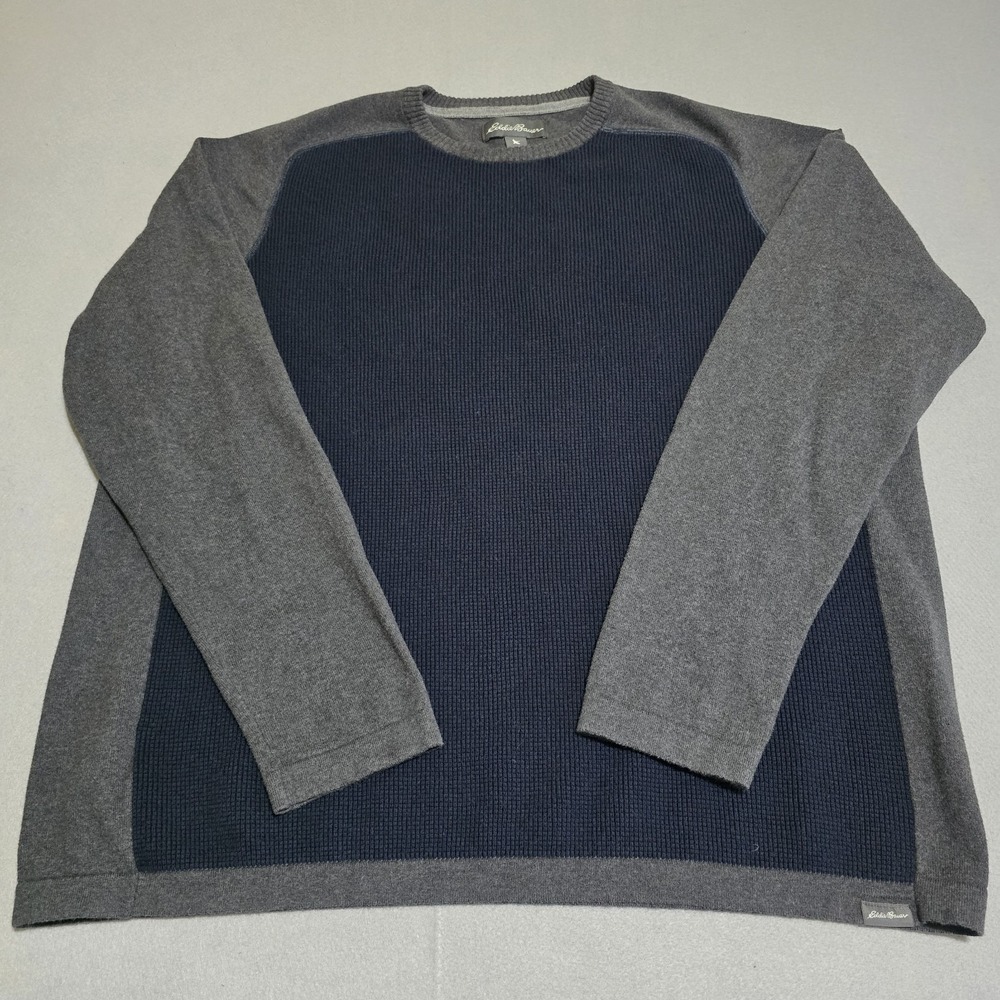 Eddie Bauer Mens T2XL Navy Grey Sweater Crewneck Cotton Merino Wool Colorblock